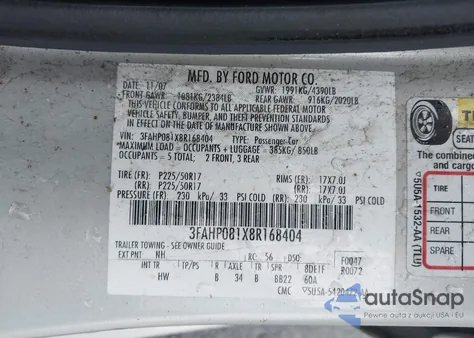 2008 Ford Fusion Sel z USA, uszkodzony, nr VIN 3FAHP081X8R168404